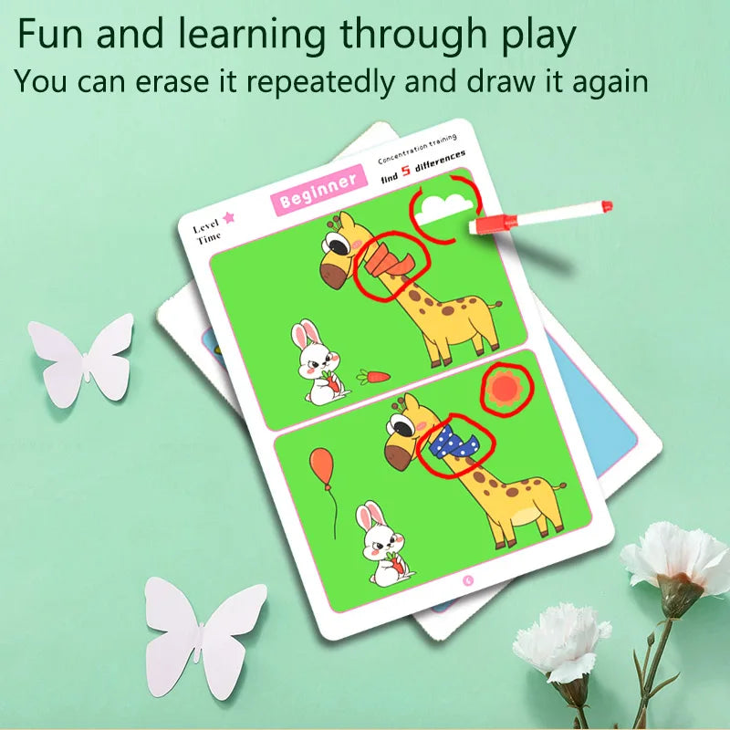 Find the Difference, Fun Concentration Training Game Pictures, Educational Items, Find Different Places, Reusable Erasable Pictures