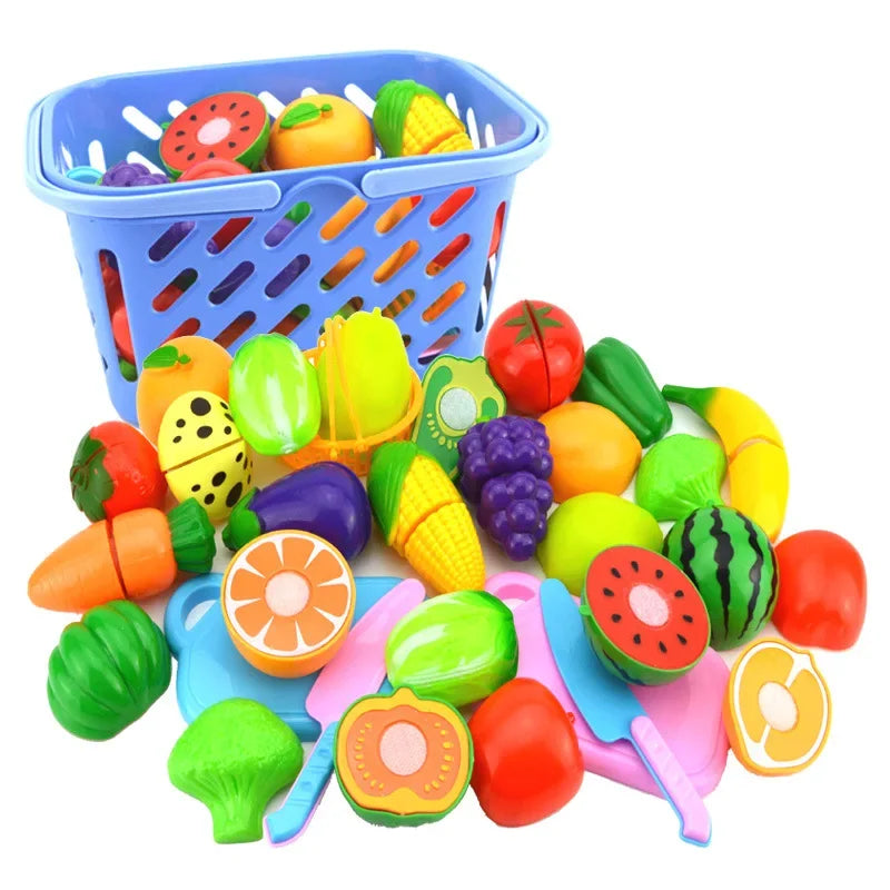 Cutting Food Kitchen Toys Set Simulate Fruit Vegetable Accessories with Shopping Basket Role Play Education Toy for Toddler Gift