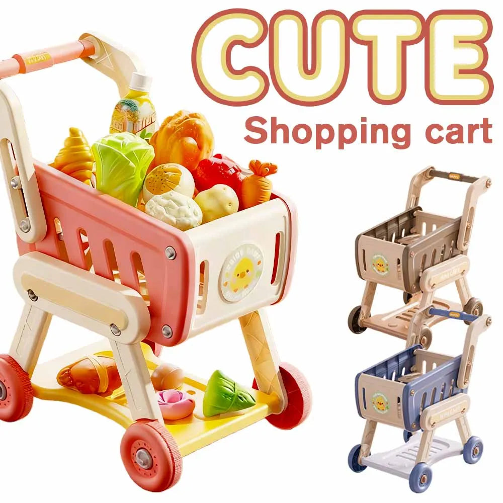 Mini Shopping Cart Toy Children's Push Cart Role-Playing Family Supermarket Food & Fruit Cutting Kitchen Toy Set for Kids Gift
