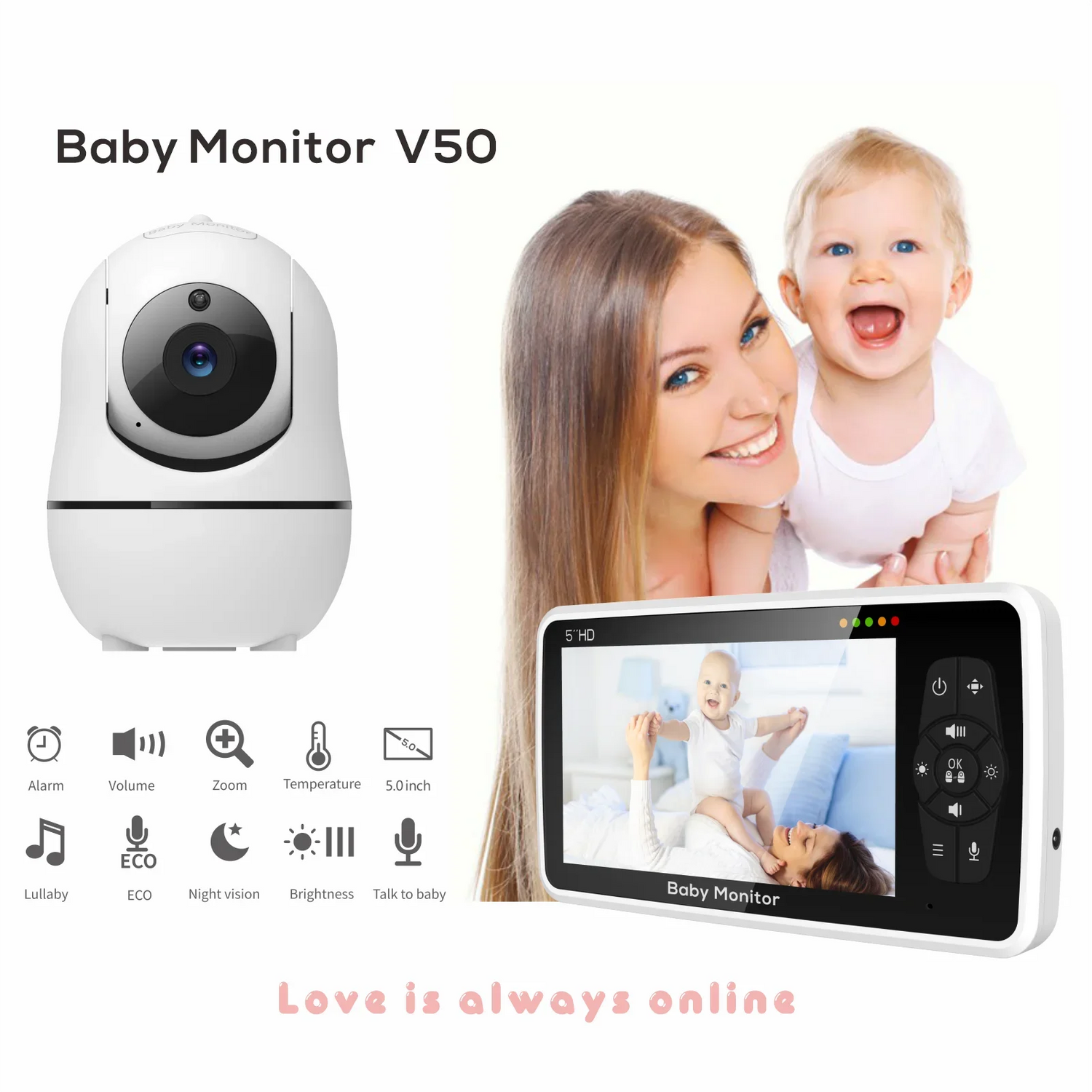 Video Baby Monitor with Camera and Audio, 4X Zoom, 22Hrs Battery, 1000ft Range 2-Way Audio Temperature Sensor Lullaby
