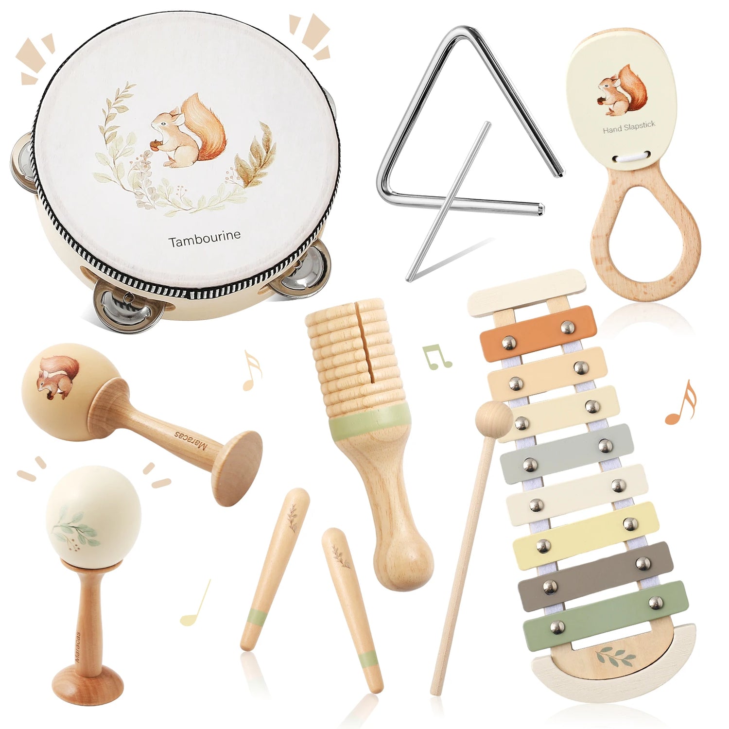 Baby Wooden Montessori Toys Children Music Instrument Squirrel Maracas Drum Xylophone Early Education Sensor Toys Set