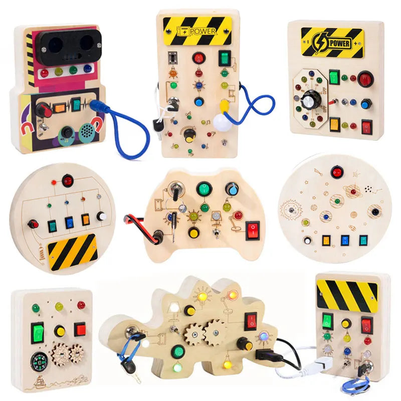 Busy Board Sensory Toys Wooden With LED Light Switch Control Board Travel Activities Children Games For 2-4 Years Old