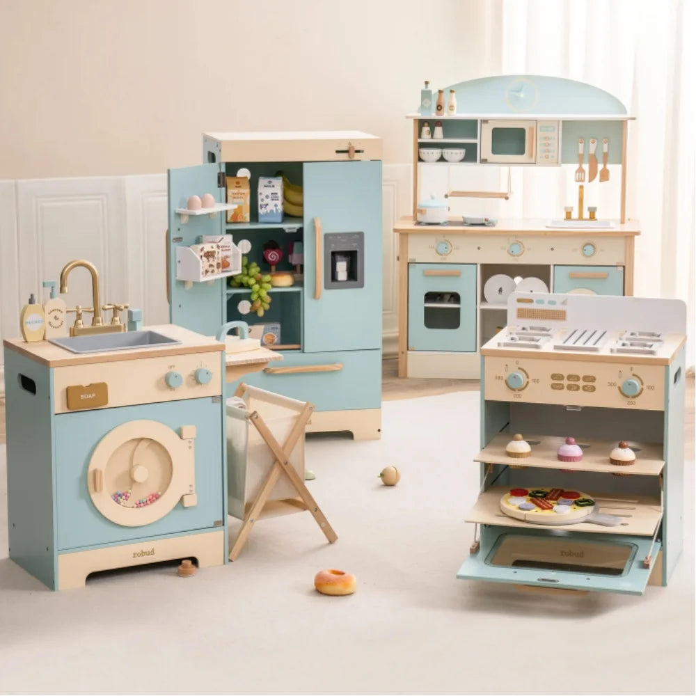 Robotime Robud Kitchen Washer Playset Play Kitchen Fridge Refrigerator Play Toy Oven Wooden Kitchen Playset for Kids Age 3+Blue