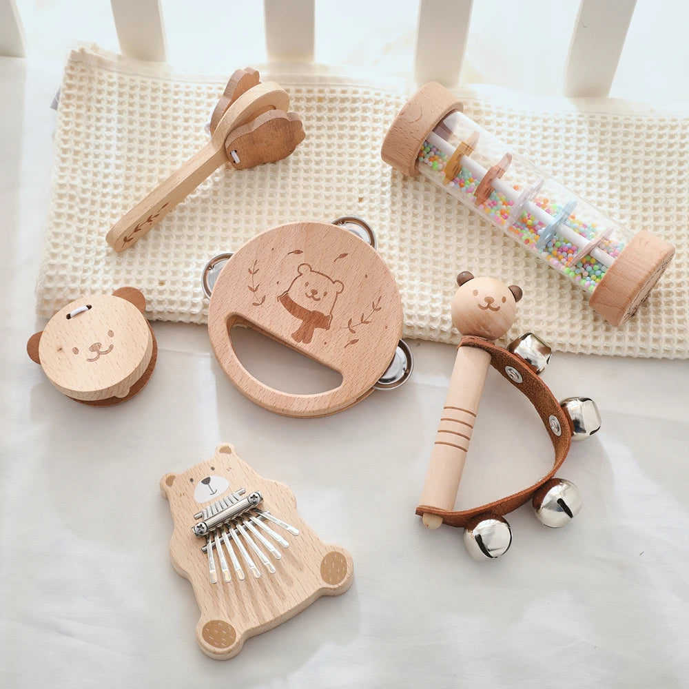 Baby Wooden Kalimba Xylophone Montessori Toys Set Musical Rattle Piano Bear Percussion Instruments Toy for Newborn Education Toy