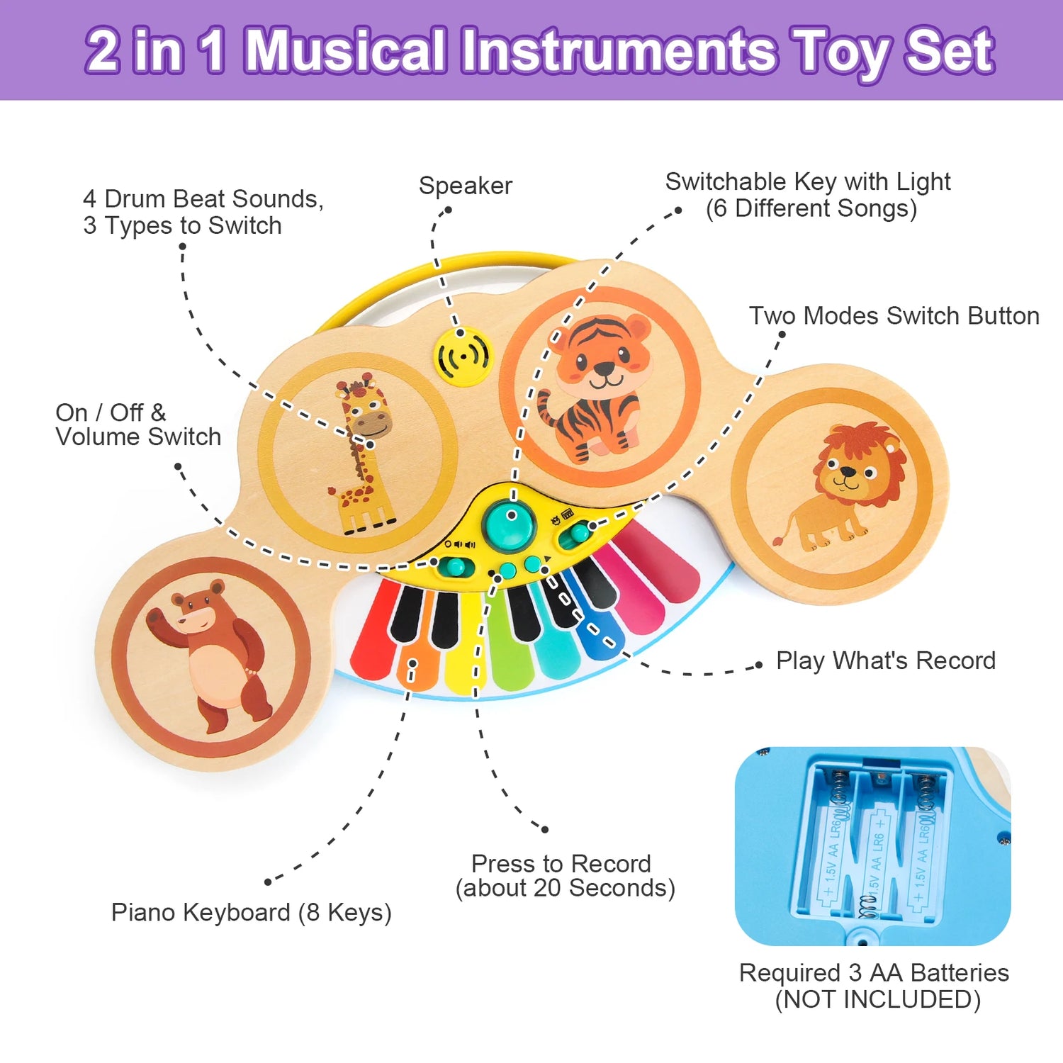 Wooden 2in1 Keyboard Piano Clapping Drum with Light and Music Cartoon Animals Music Toys Educational Toys for Baby Gifts