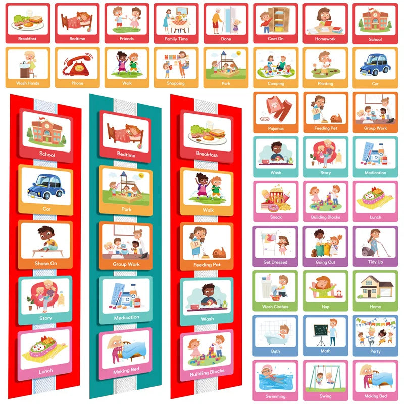 Visual Schedule for Kids Daily Routine Chart with 60 Cards Calendar Pocket Autism Learning Behavioral Tool For School Toys