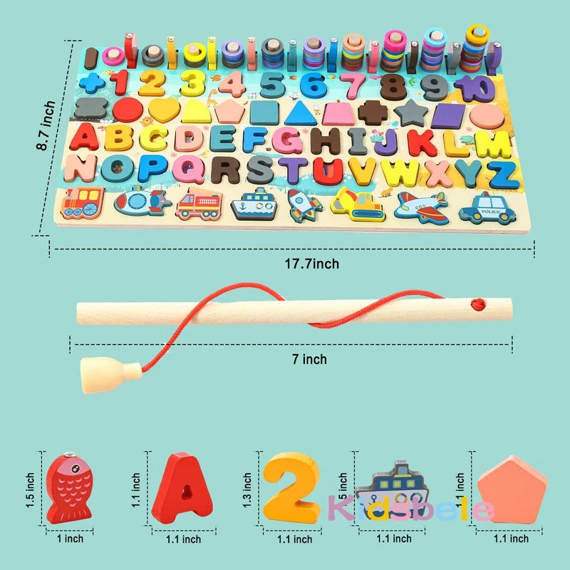 Wooden Puzzles Shape Sorter Montessori Toy Magnetic Fishing Game Counting Stacking Kids Preschool Alphabet Number Learning Toy