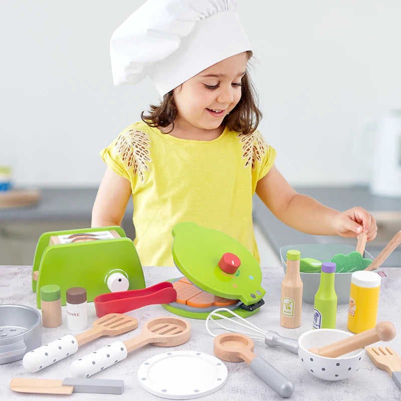 Children's simulation kitchen toys, early education educational toys, wooden simulation pots and pans, food, role-play chef