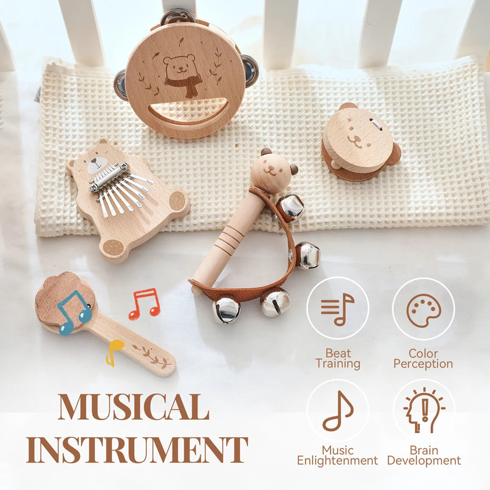 Baby Wooden Kalimba Xylophone Montessori Toys Set Musical Rattle Piano Bear Percussion Instruments Toy for Newborn Education Toy