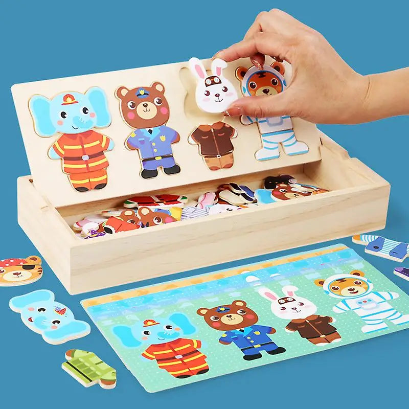 Wooden Dress Up Toys Animal Bear Change Clothes Matching Games Dressing Kid's Travel Set