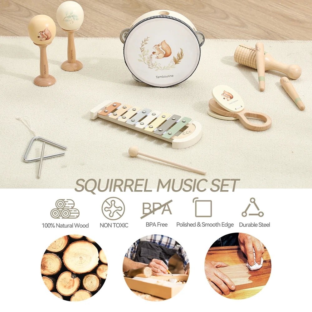 Baby Wooden Montessori Toys Children Music Instrument Squirrel Maracas Drum Xylophone Early Education Sensor Toys Set