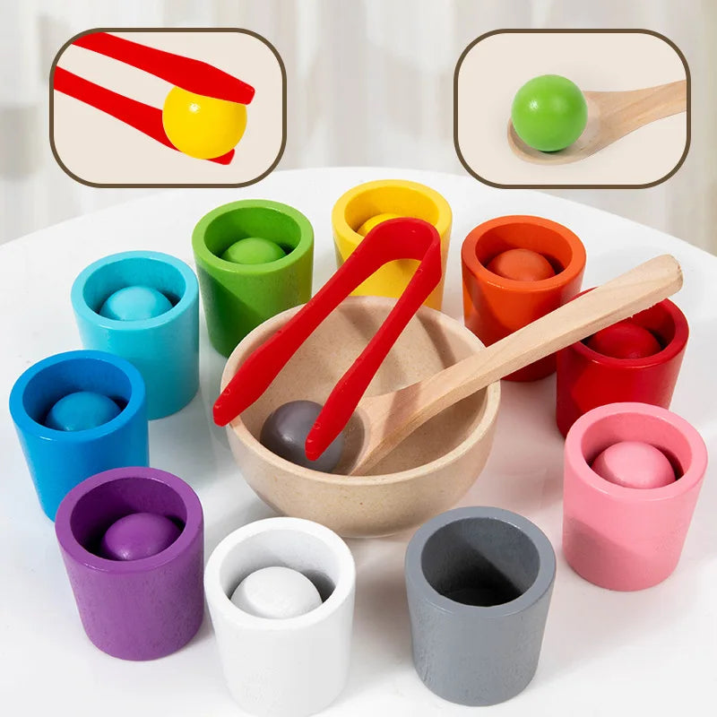 Balls in Cups Montessori Wooden Color Sorter Game Toys Preschool Learning Education Toy for Toddler Sorting Matching Counting