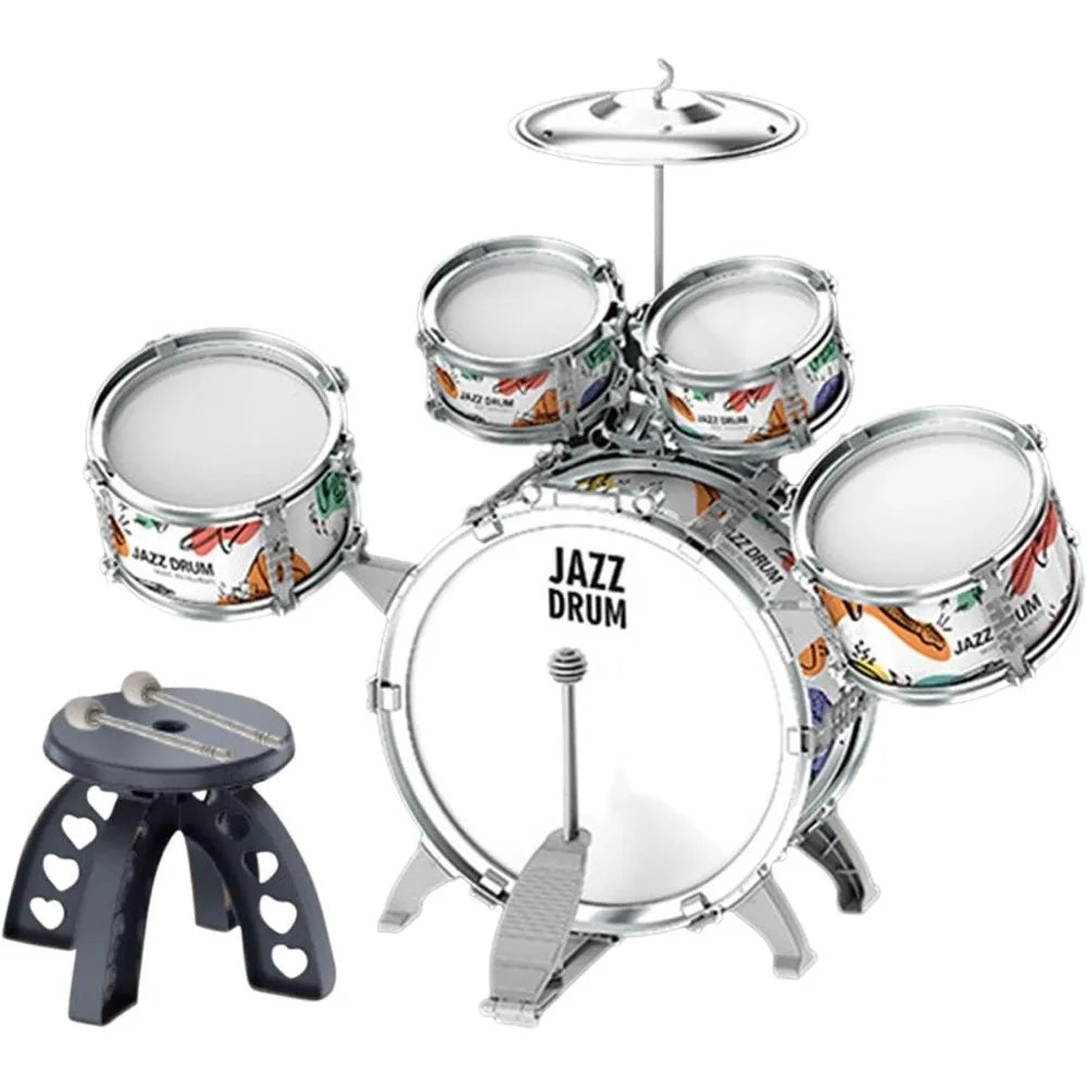 Kids Drum Set Toddler Jazz Drum Kit Toys with Stool Pedal Percussion Musical Instruments Drum Toy Early Education Gift for Boys